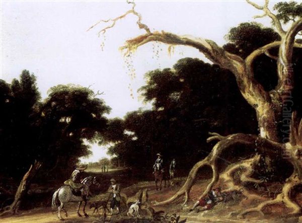 A Wooded Landscape With Travellers On Horses On A Path by Joachim Govertsz Camphuysen