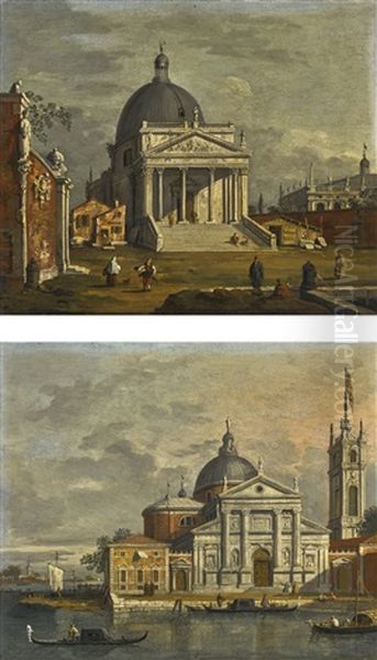 Venice, A Capriccio View Of San Giorgio Maggiore; Venice, A Capriccio View Of San Simeone Piccolo by  Canaletto