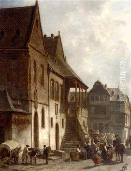 Figures Conversing By The Town Hall Of Goslar, Germany Oil Painting - Jacques Francois Carabain