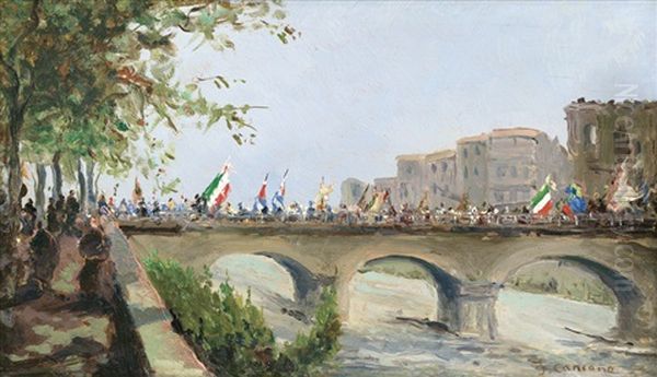 Festlicher Umzug Wohl Auf Der Ponte Alla Carraia Anlasslich Der Errichtung Des Garibaldi-monuments Am 8. Juni 1890 In Florenz by Filippo Carcano