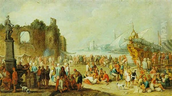 Porto Di Mare Con Molto Figure E Nave Con Lo Stemma Dei Medici by Luca Carlevarijs