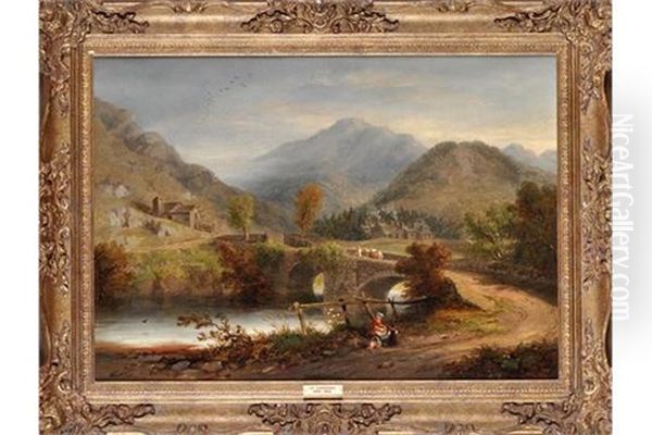 A Lake District Scene With Figures By A Bridge by John Wilson Carmichael