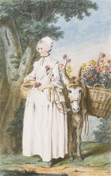 A Milkmaid And A Donkey Carrying Two Large Baskets Of Flowers In A Wood by Louis de Carmontelle