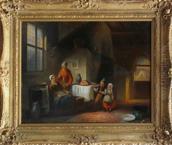 Flamisches Stubeninterieur Mit Vater, Mutter Und 2 Kindern by Henri Joseph Gommarus Carpentero