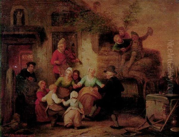 Figures Merrymaking Outside An Inn by Henri Joseph Gommarus Carpentero