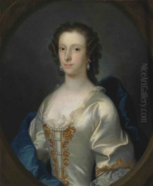 Portrait Of A Lady, Bust-length, In A Lace Trimmed And Gold Embroidered Oyster Satin Dress, With A Blue Wrap And Pearl Earrings by Adriaen Carpentiers