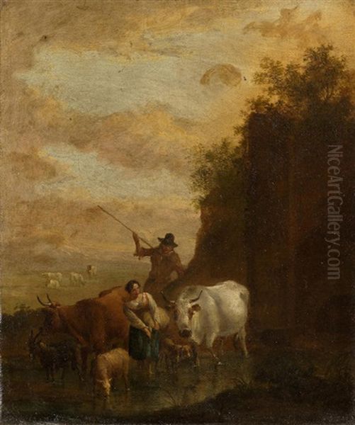 An Italianate Landscape With A Shepherd And Shepherdess By A Ruin by Michiel Carree