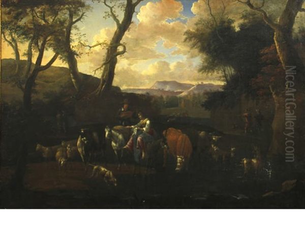 An Extensive Landscape With Cattle And Figures By A Stream by Michiel Carree