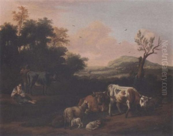 A Landscape With A Drover And His Cattle And A Shepherdess by Michiel Carree