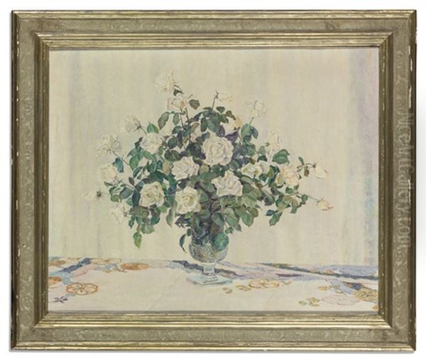 White Roses In A Cut-glass Vase by James Stewart Carstairs