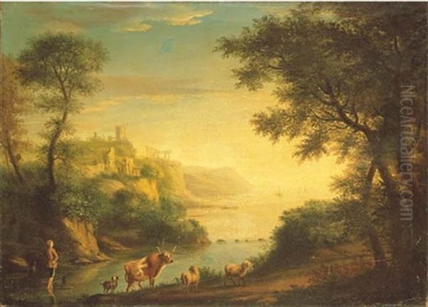 Mountainous Coastal Landscape With A Shepherd, Dog And Livestock In The Foreground, Classical Ruins Beyond by Robert Carver