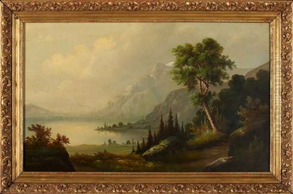 View Of A Lakeside Path With Mountains In The Distance by John William Casilear