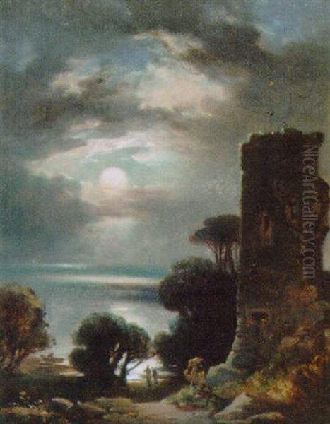 Figures In A Moonlit Loch Landscape With A Ruined Tower In The Foreground by James Cassie