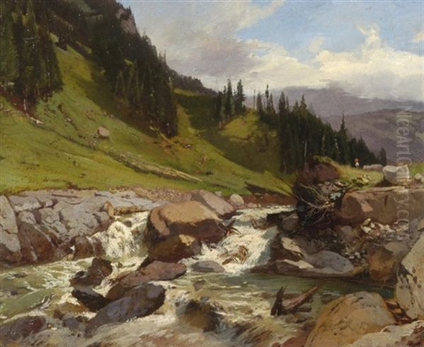 Alplandschaft Mit Wildbach by Gustave Eugene Castan