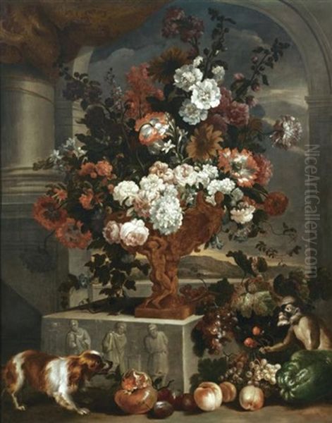 Still Life Of Flowers In A Gilded Vase With Fruits, A Dog And A Monkey Under An Arcade by Pieter Casteels III