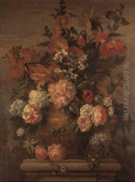 Roses, Peonies And Other Flowers In An Urn Resting On A Stone Ledge by Pieter Casteels III