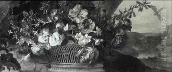 A Still Of Flowers In A Grotto, A Landscape Beyond by Pieter Casteels III