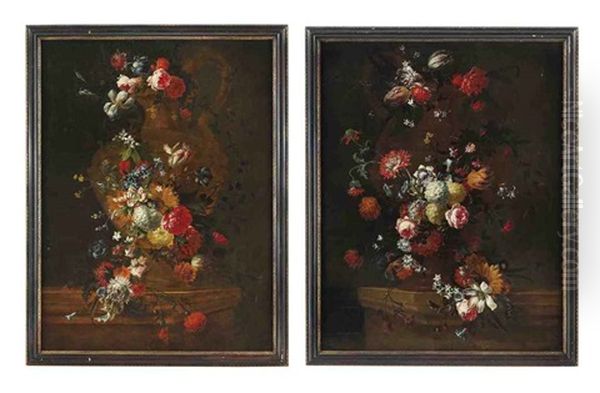 Carnations, Peonies, Morning Glory, Roses, Tulips And Other Flowers Decorating An Urn On A Stone Ledge (+ Tulips, Roses, Peonies, Narcissi...; Pair) by Pieter Casteels the Younger