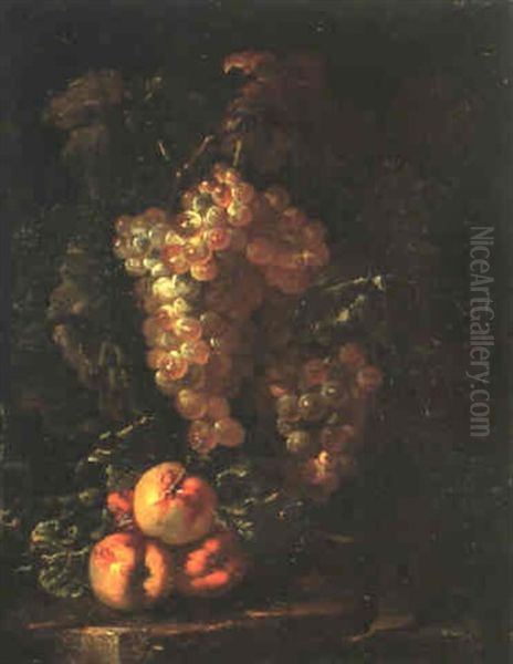 Grappes De Raisins Et Peches Sur Un Entablement by Giovanni Paolo Castelli (lo Spadino)