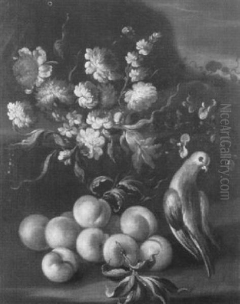 An Exotic Bird With Mixed Flowers And Peaches by Giovanni Paolo Castelli (lo Spadino)