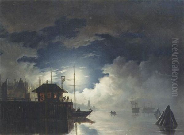 A Moonlit Harbour With A Ferry-station In The Foreground by Hendrik Gerrit ten Cate