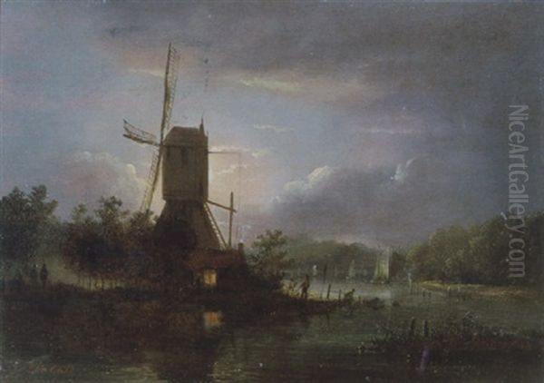 Landschap Met Molen Bij Maneschijn by Hendrik Gerrit ten Cate