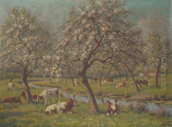 Vaches Au Bord Du Cours D'eau Au Printemps Oil Painting - Albert Caullet