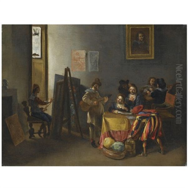 An Artist's Studio With Models Sitting For A Genre Painting, Or An Allegory Of The Five Senses by Michelangelo Cerquozzi