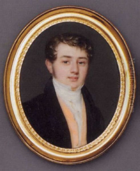 A Young Gentleman In Black Coat, Salmon-pink Waistcoat, White Shirt And Cravat With Gold Stick Pin And Gold Chain, Curling Hair And Sideburns by Emmanuel Flavien Chabanne