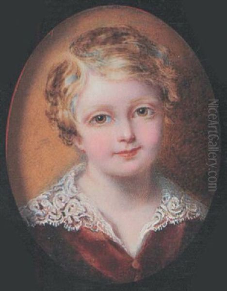 A Young Boy (henry Hippinley?) Wearing Brown Velvet Coat With Wide, White Lace Collar by Maria A. Chalon