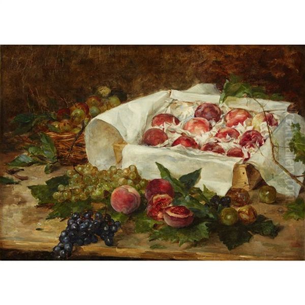 Outdoor Still Life With Peaches And Grapes by Therese De Champ-Renaud