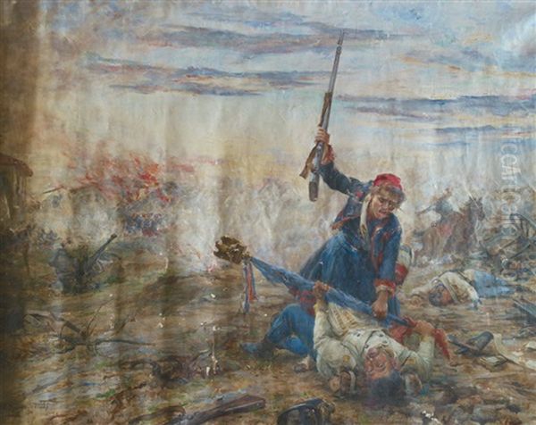 La Bataille De L'alma, Zouave Reprenant Le Drapeau De Son Regiment A L'ennemi by Therese De Champ-Renaud