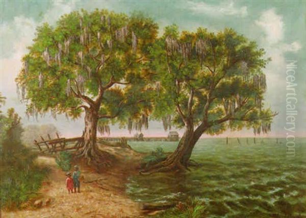 Lake Pontchartrain With Fishing Camps, Live Oaks, And Two Black Children by Marie Nathalie Loew Charbonnet