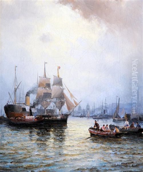 Busy Harbour Scene by William Georges Charnley