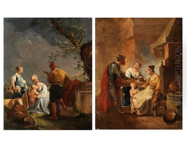 Figurengruppe In Landschaft (+ Geharnischter Nimmt Abschied Von Frau Und Kind Vor Einem Kamin; Pair) by Jean-Baptiste Charpentier the Elder