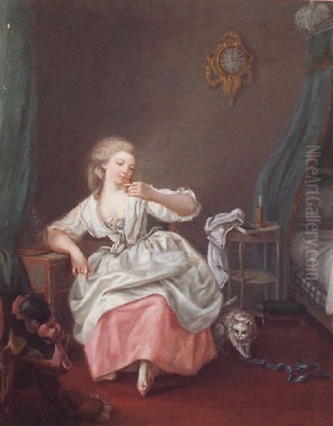 A Bedroom Interior With A Young Girl Holding A Song Bird by Jean-Baptiste Charpentier the Elder