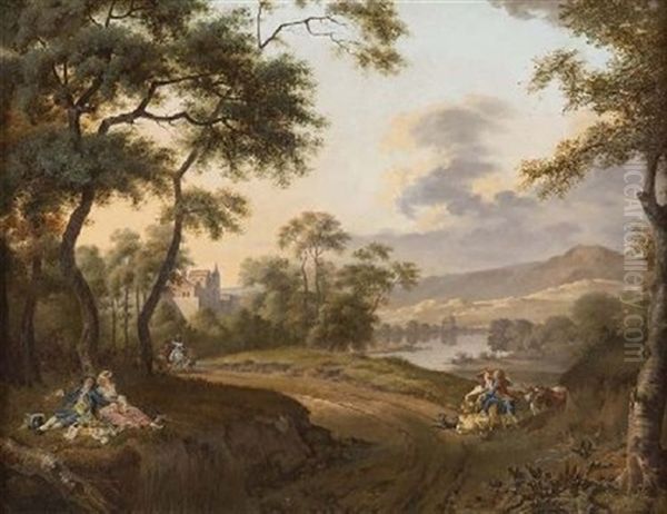 A Wooded Country Path With Figures Picnicing And An Amorous Couple Tending Sheep by Claude Louis Chatelet