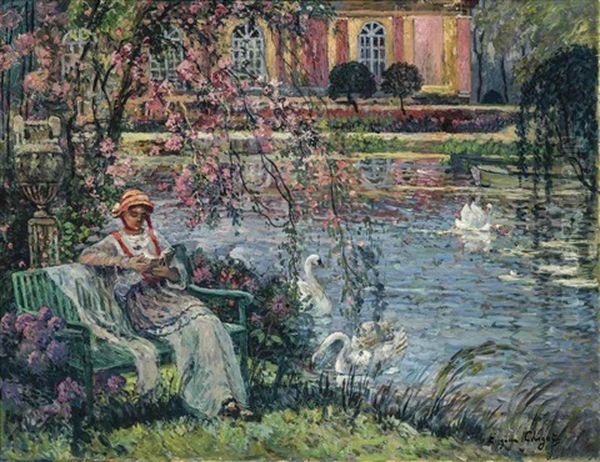 Jeune Femme Au Bord De L'etang by Eugene Chigot