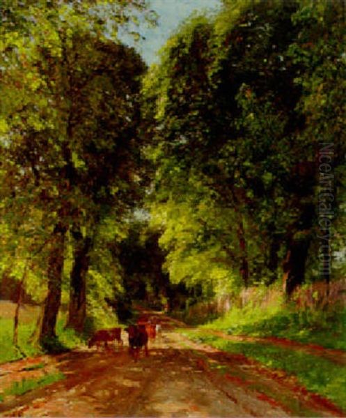 A Drover With Cattle On A Woodland Lane by Godfred Christensen