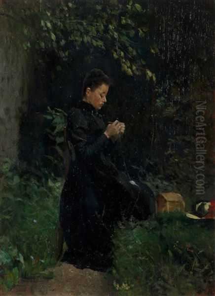 Portrait Of The Artist's Wife, Seated In The Garden by Cesare Ciani