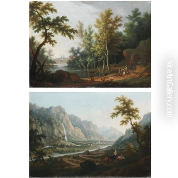 Paesaggio Fluviale Con Viandanti E Una Citta Sullo Sfondo (+ Paesaggio Montuoso Con Viandanti E Cascate; Pair) by Vittorio Amadeo Cignaroli