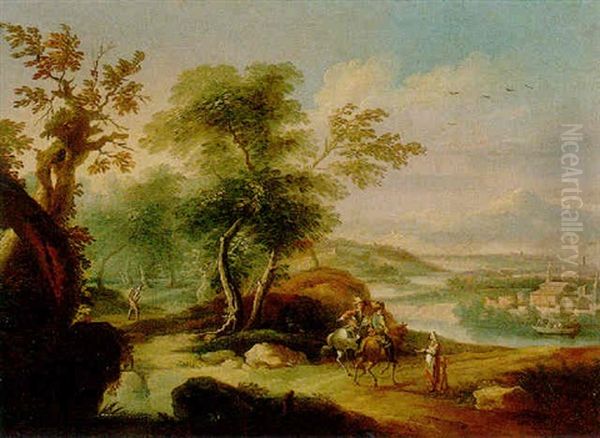 A Wooded River Landscape With Two Horsemen And Other Figures On A Track, A Town Beyond by Vittorio Amadeo Cignaroli