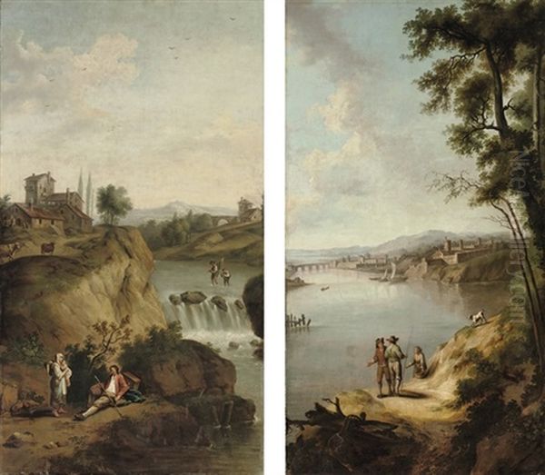 A Mountainous River Landscape With Travellers Resting Near A Waterfall(+ A River Landscape With Figures Conversing On The Banks; 2 Works) by Giovanni Battista Cimaroli