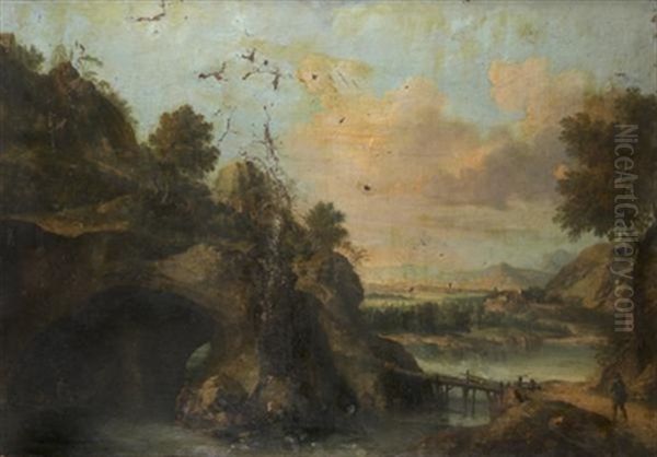 Paysage De Montagne Traverse Par Une Riviere Animee De Promeneurs by Giovanni Battista Cimaroli