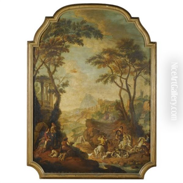 A Wooded River Landscape With A Hunting Party In The Foreground by Giovanni Battista Cimaroli