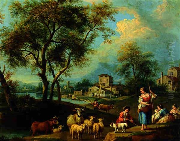 A River Landscape With Peasants And Farm Animals Near A Village by Giovanni Battista Cimaroli