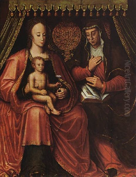 The Virgin And Child With St. Anne Under A Canopy by Anthuenis Claeissins