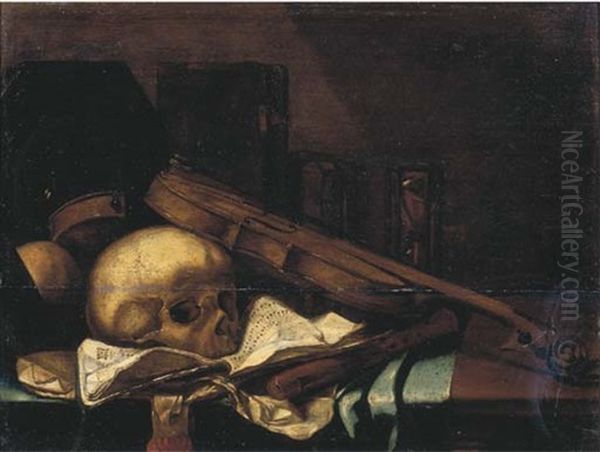 A Vanitas Still Life With A Violin, A Skull, Books, Music And An Hourglass On A Ledge by Jacques Grief De Claeuw