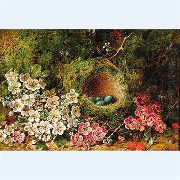 Bird's Nest And Spring Blossoms On A Mossy Bank by George Clare