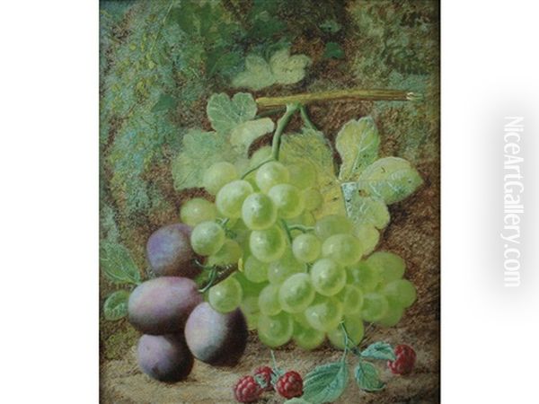 Still Life Of Grapes, Plums And Raspberries; Still Life Of Primroses And A Bird's Nest (pair) by Oliver Clare